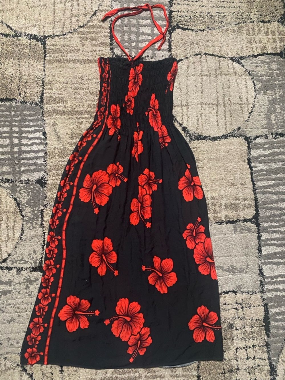 Favant Hawaii black and red hibiscus floral smocked sundress.